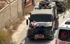 بستن جوان فلسطینی به عنوان سپر انسانی بر روی خودرو در جنین