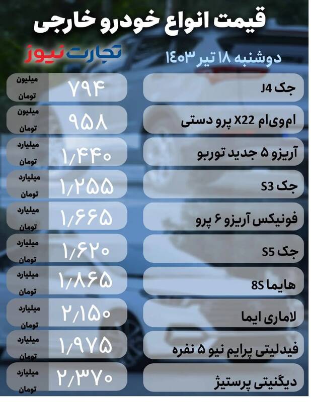 قیمت خودرو امروز 18 تیر + جدول 3