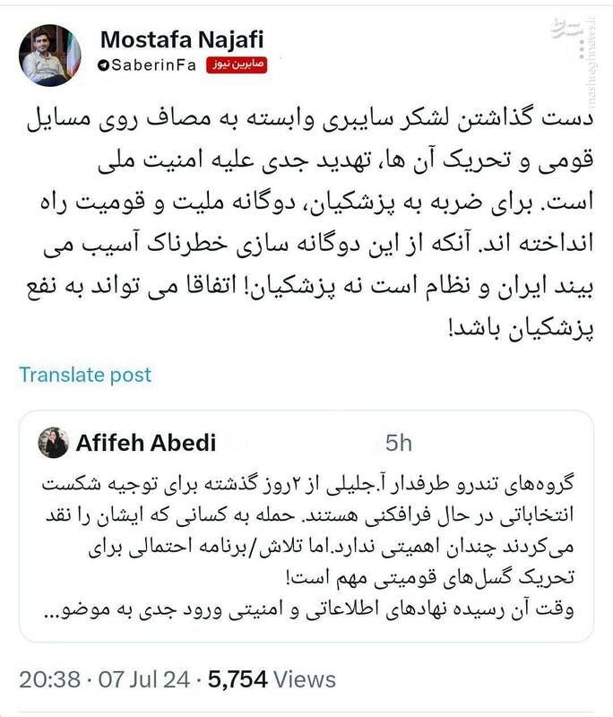 بازی در زمین تجزیهطلبان پس از یک شکست انتخاباتی!/ چه کسانی میخواهند پزشکیان را به سمت پانترکیسم هُل بدهند؟ 7