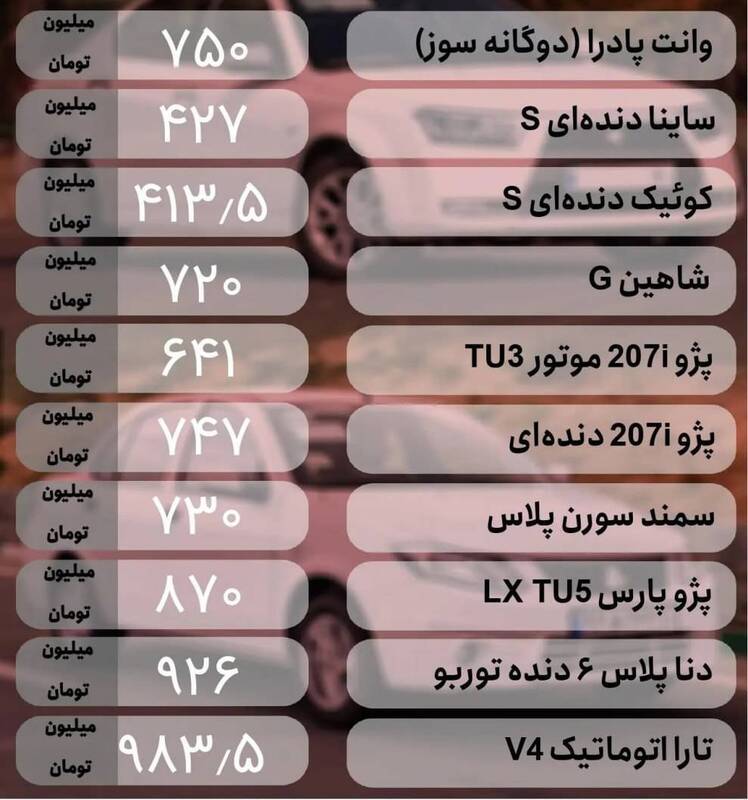 قیمت خودرو امروز ۲۰ تیر +جدول