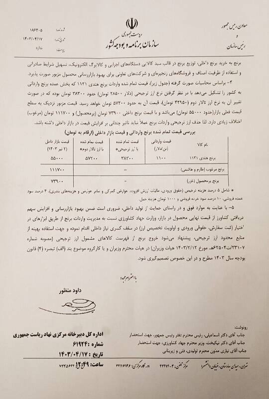 نامه معاون رئیس جمهور به مخبر در مورد حذف ارز ترجیحی برنج