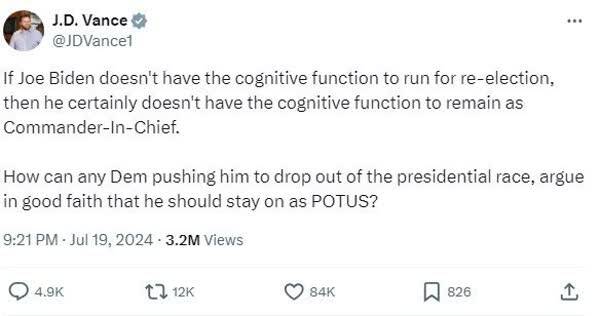 معاون ترامپ: در صورت کنارهگیری بایدن از انتخابات، باید از ریاستجمهوری هم استعفا دهد