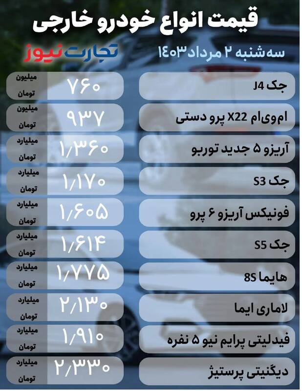 قیمت خودرو امروز ۲ مرداد +جدول