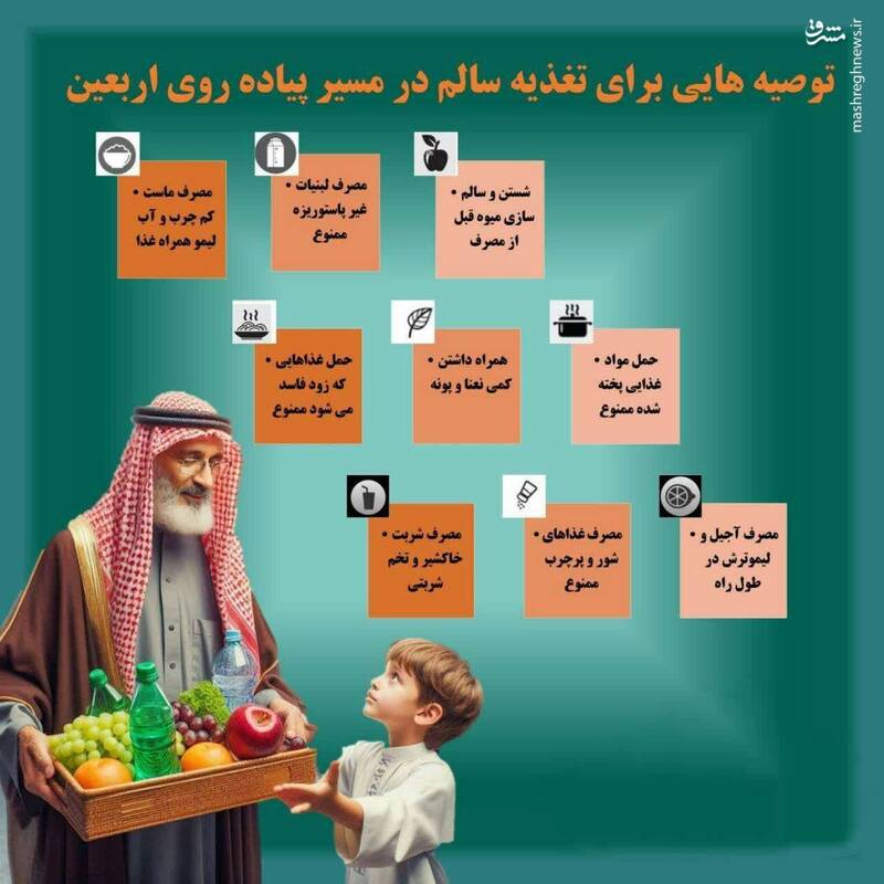 اینفوگرافیک/ توصیه‌هایی برای تغذیه سالم در پیاده‌روی اربعین