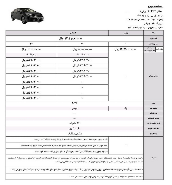 شرایط فروش 5 محصول کرمان موتور اعلام شد +جدول