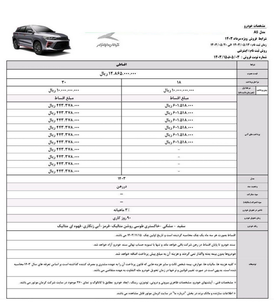 شرایط فروش 5 محصول کرمان موتور اعلام شد +جدول