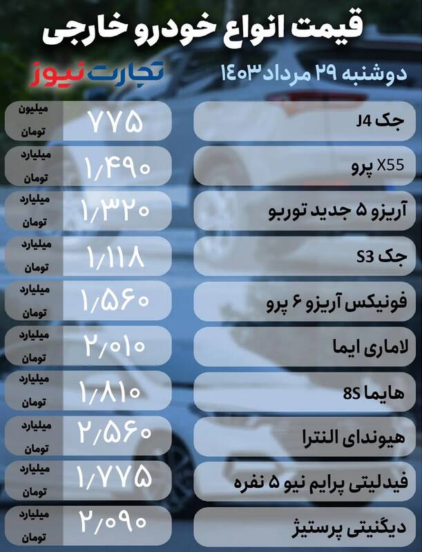 قیمت خودرو امروز ۲۹ مرداد +جدول