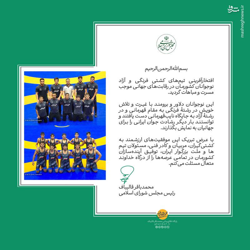 پیام تبریک قالیباف به تیم ملی کشتی نوجوانان