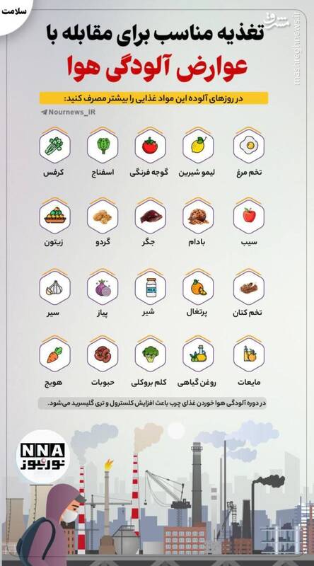 اینفوگرافیک/ تغذیه مناسب برای مقابله با عوارض آلودگی هوا