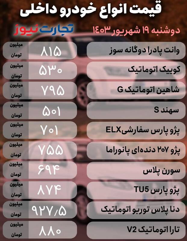 قیمت خودرو امروز 19 شهریور + جدول 2