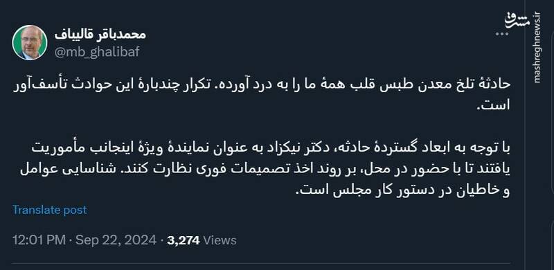 دستور رئیس مجلس برای پیگیری حادثه معدن طبس