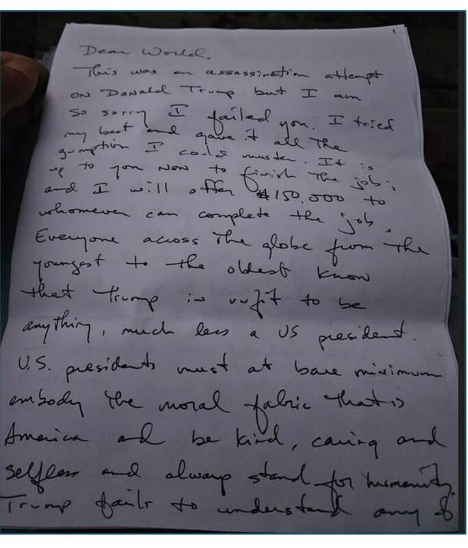 کشف نامه دستنویس عامل ترور دوم ترامپ/«کار ناتمام را تمام کنید!»
