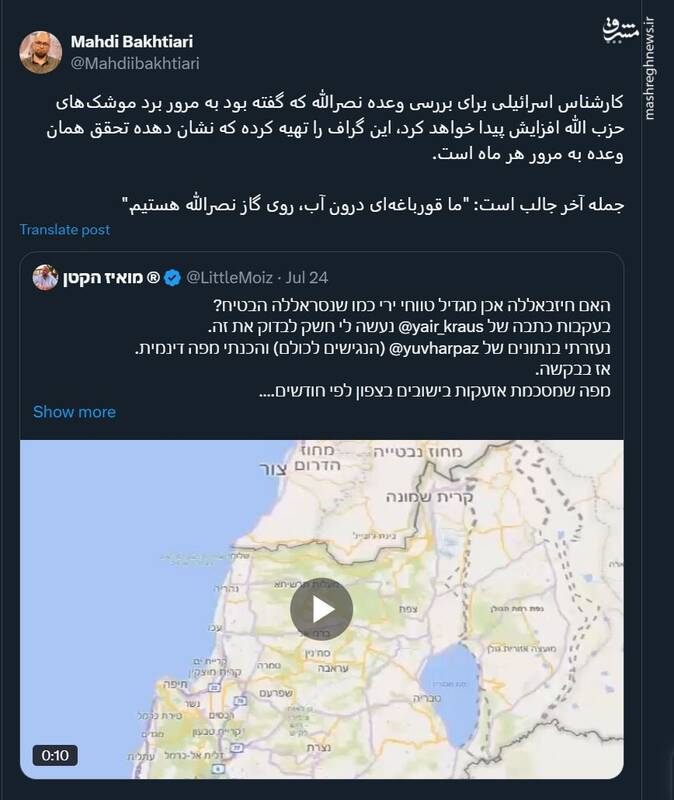 کارشناس اسرائیلی: "ما قورباغهای درون آب، روی گاز نصرالله هستیم."