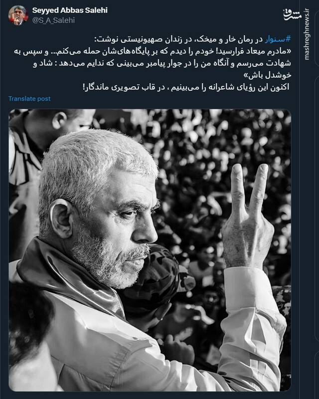 وزیر ارشاد: رؤیای شاعرانه سنوار را میبینیم، در قاب تصویری ماندگار!