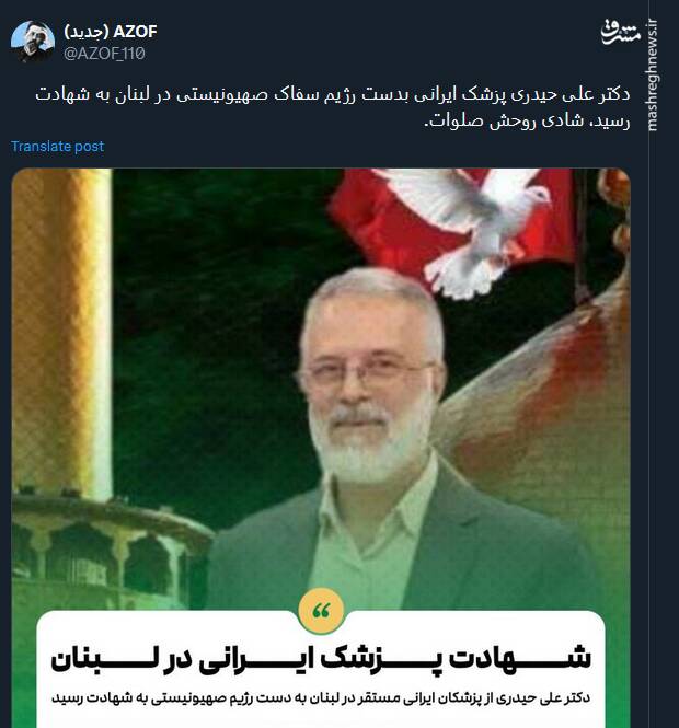 پیام توئیتریها در پی شهادت دکتر ایرانی در لبنان