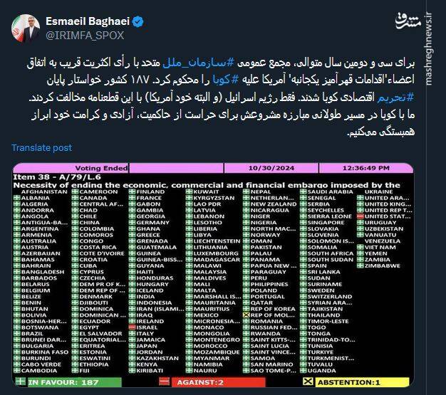 بقائی : ما با کوبا در مسیر طولانی مبارزه مشروعش ابراز همبستگی میکنیم