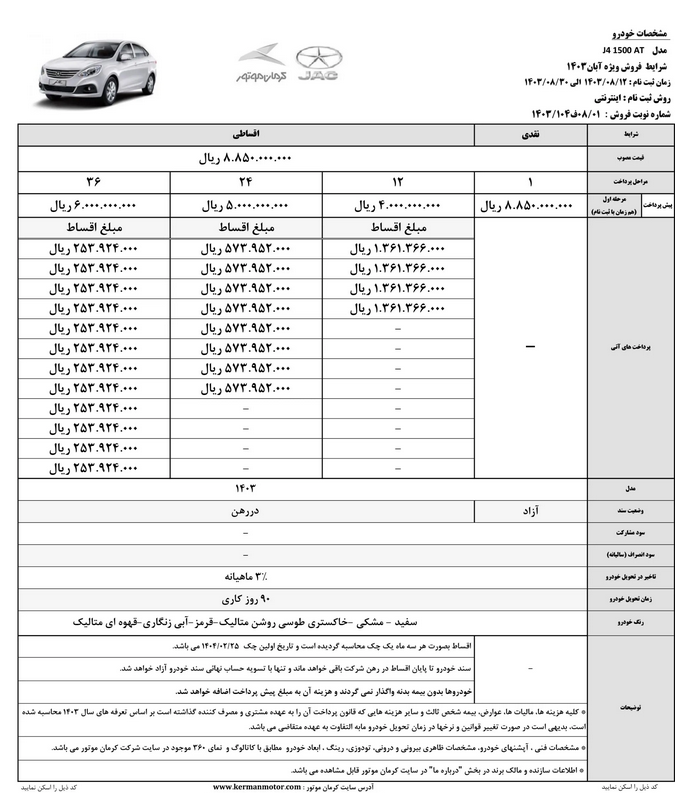 شرایط فروش ۴ خودروی کرمان‌موتور اعلام شد+جدول