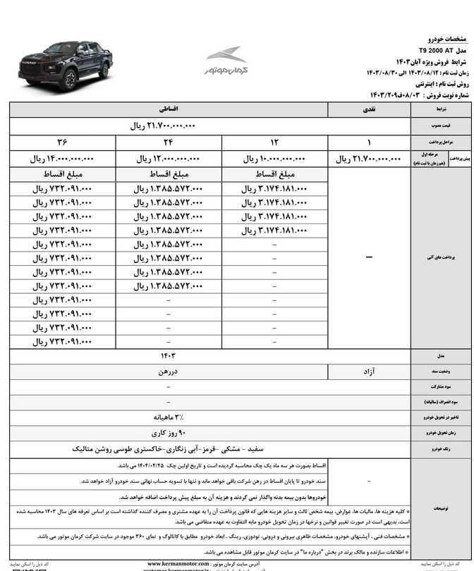 شرایط فروش ۴ خودروی کرمان‌موتور اعلام شد+جدول