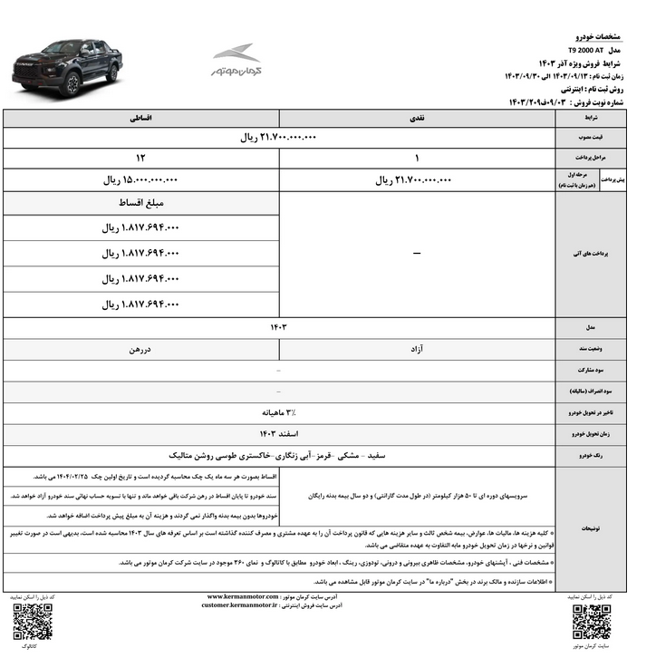 فروش ۲ خودرو پرطرفدار کرمان موتور از فردا - ۱۳ آذر ۱۴۰۳