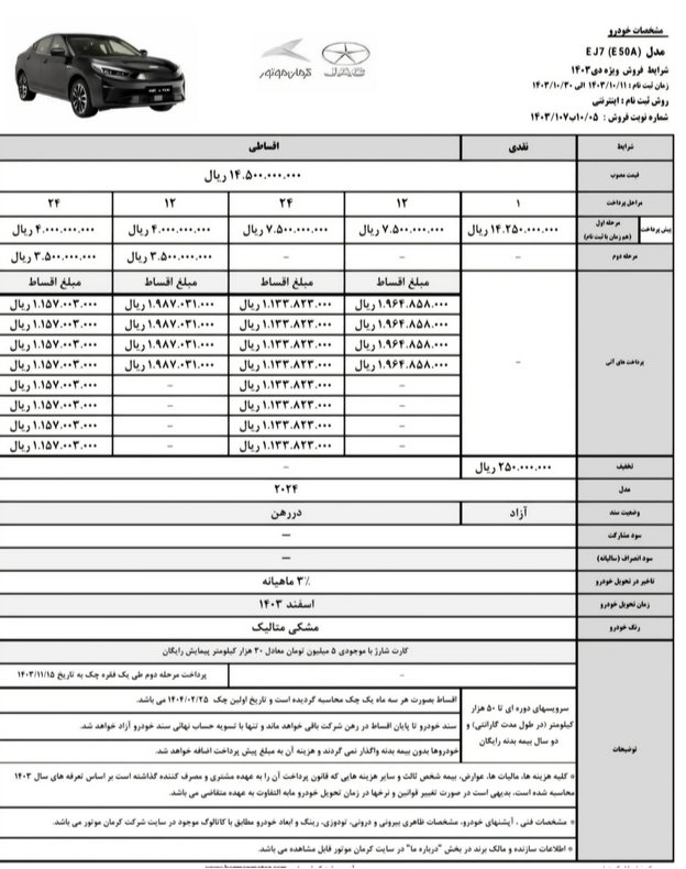 اعلام شرایط فروش خودروی EJ7 و EJ7+ کرمان موتور