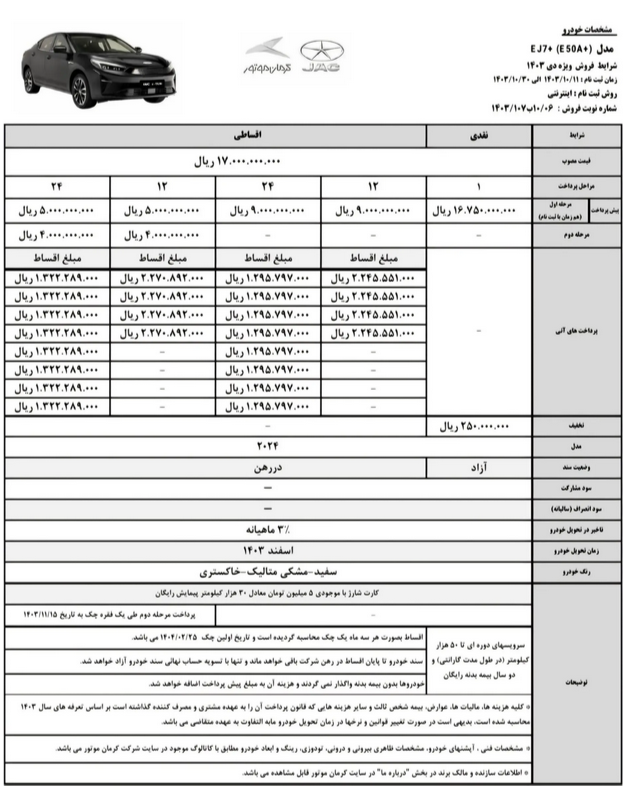 اعلام شرایط فروش خودروی EJ7 و EJ7+ کرمان موتور