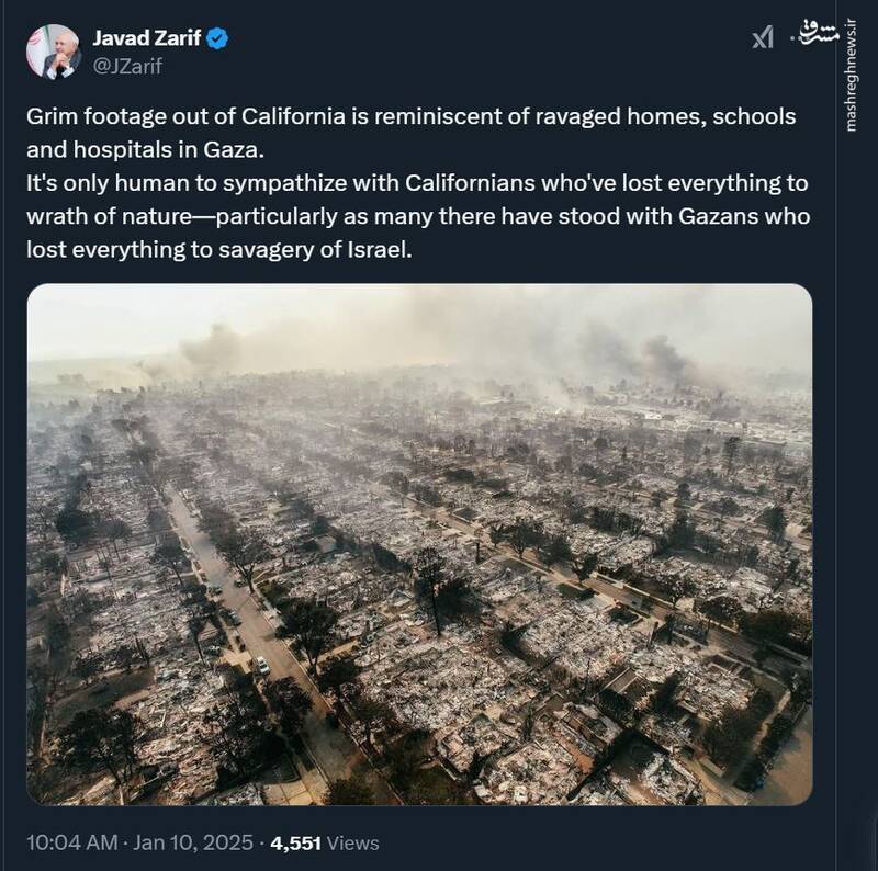 ظریف: تصاویر تلخ آتشسوزی کالیفرنیا یادآور غزه است