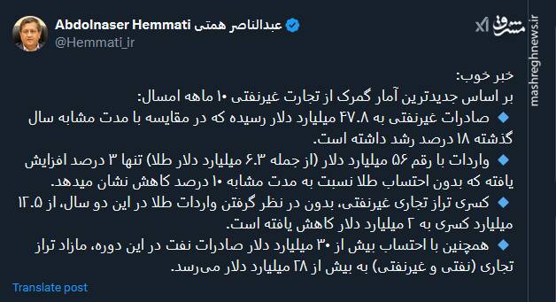 خبر خوب همتی درباره تجارت غیرنفتی کشور طی ۱۰ ماهه امسال