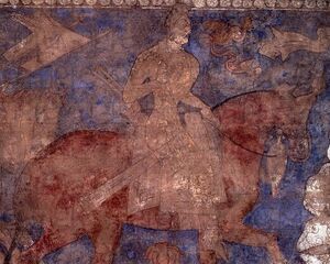 تصویری از رستم در نقاشی های دیواری پَنجَکِنت در تاجیکستان