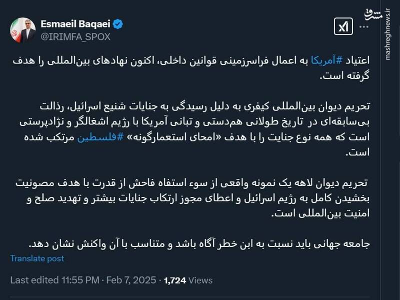 بقائی: آمریکا نهادهای بینالمللی را هدف گرفته است