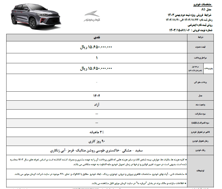 شرایط فروش نقدی و اقساطی 6 محصول کرمان موتور اعلام شد