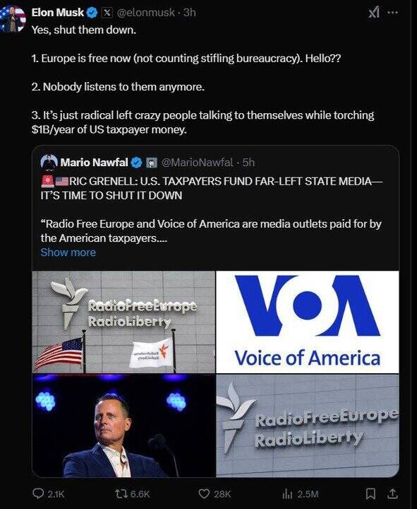 ماسک: «صدای آمریکا» و «رادیو فردا» باید تعطیل شوند/ کسی به آنها گوش نمیدهد