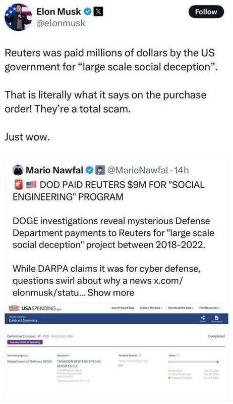 تشت رسوایی «رویترز» از بام کاخ سفید افتاد!/ تایید ماهیت «اطلاعاتی» بزرگترین خبرگزاری دنیا توسط ایلان ماسک