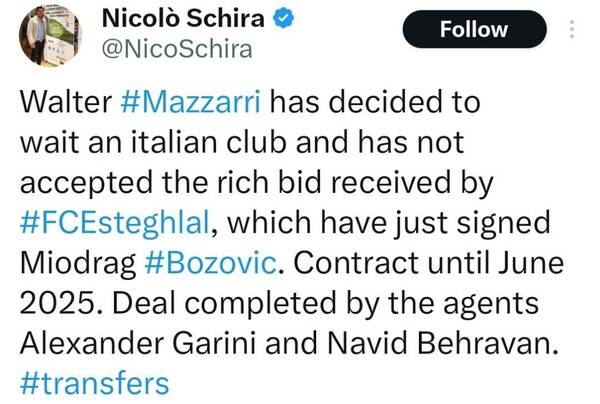 ماتزاری پیشنهاد استقلال را رد کرد