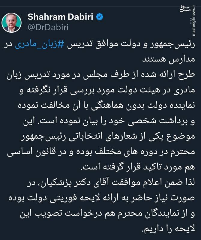 دبیری: در صورت نیاز لایحه فوریتی دولت درباره تدریس زبان مادری در مدارس ارائه میشود