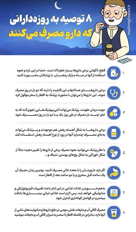 اینفوگرافیک/ ۸ توصیه به روزه‌دارانی که دارو مصرف می‌کنند