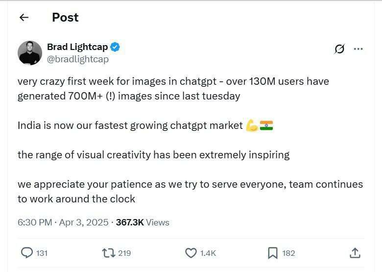 رکوردشکنی کاربران ChatGPT: تولید بیش از ۷۰۰ میلیون تصویر در یک هفته