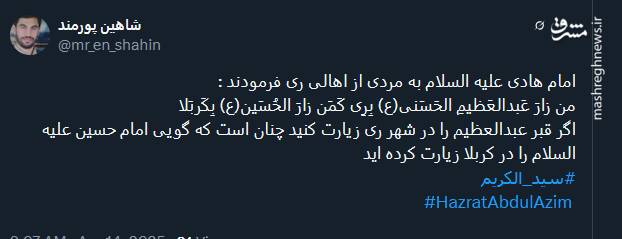 پیام توئیتریها بمناسبت سالروز وفات حضرت عبدالعظیم حسنی