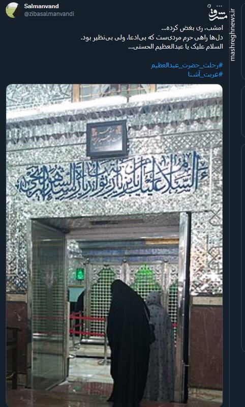 پیام توئیتریها بمناسبت سالروز وفات حضرت عبدالعظیم حسنی