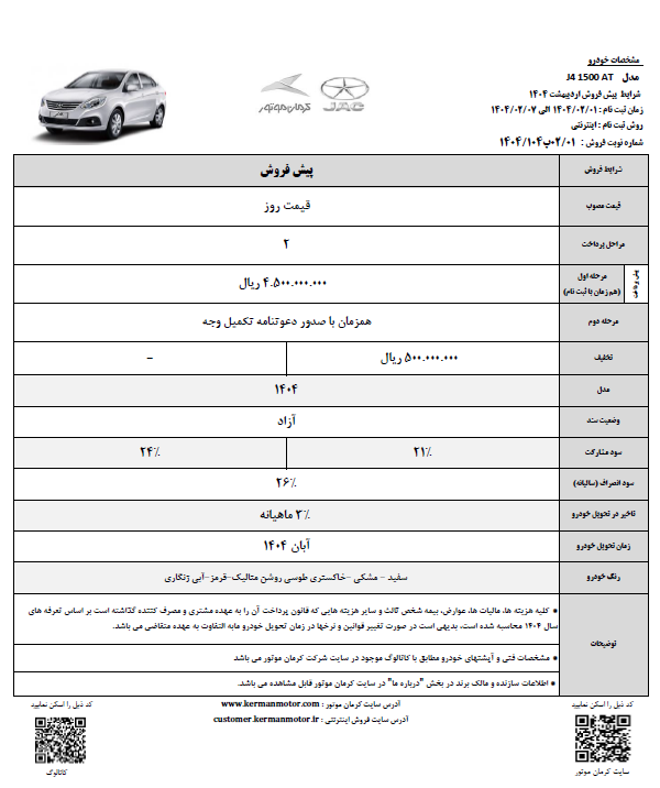 پیش فروش محصولات کرمان موتور با تحویل آبان 1404