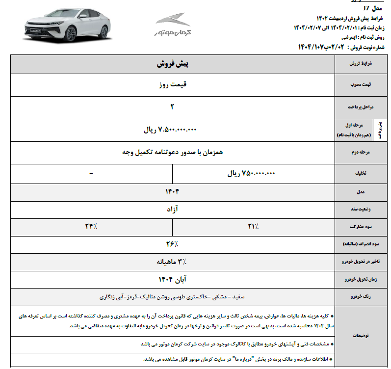 پیش فروش محصولات کرمان موتور با تحویل آبان 1404
