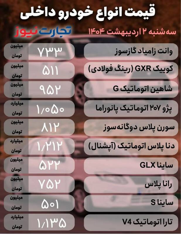 قیمت خودرو امروز ۲ اردیبهشت +جدول