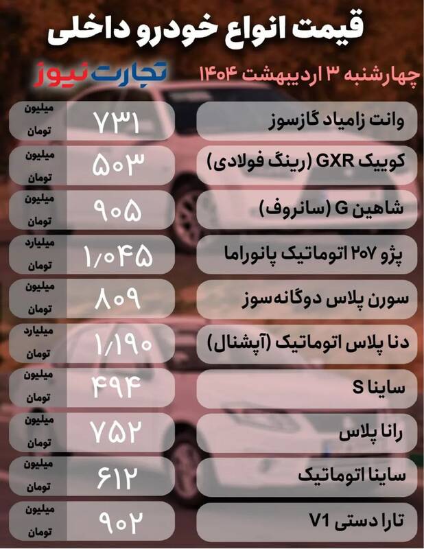 قیمت خودرو امروز ۳ اردیبهشت +جدول