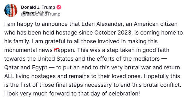 ابراز رضایت ترامپ از آزادسازی شهروند آمریکایی توسط حماس