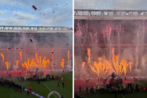 نمایی زیبا از استادیوم آنفیلد در هنگام جشن قهرمانی لیورپول