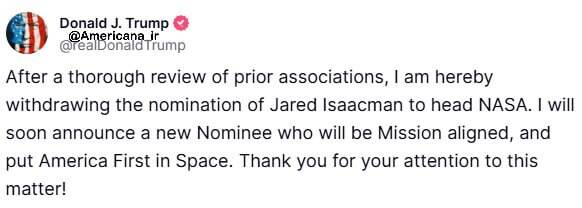 پشیمانی ترامپ از انتخاب گزینه ریاست ناسا