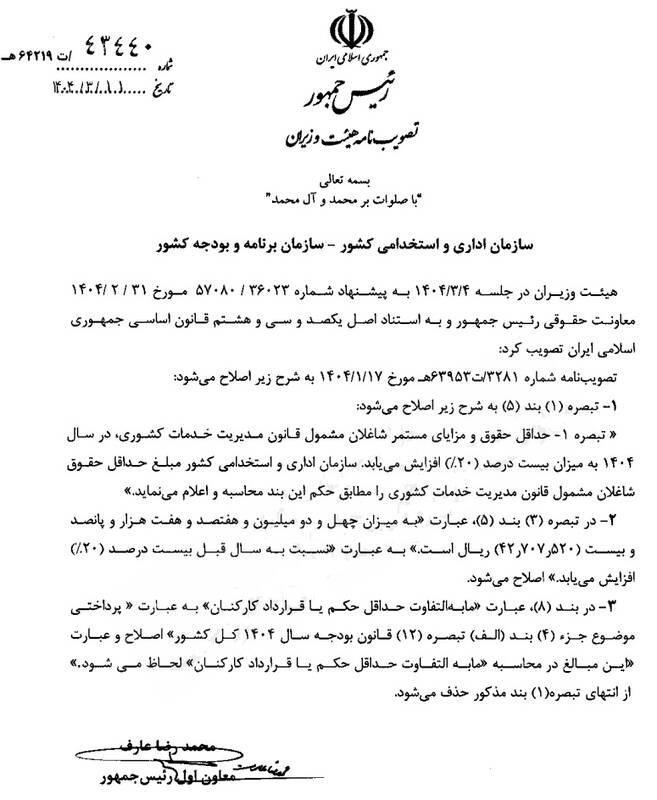 افزایش حقوق ۲۰ درصدی کارمندان ابلاغ شد