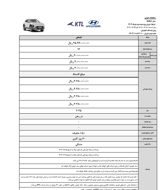 آغاز فروش اقساطی هیوندای کونا ۲۰۲۵ شرکت KTL