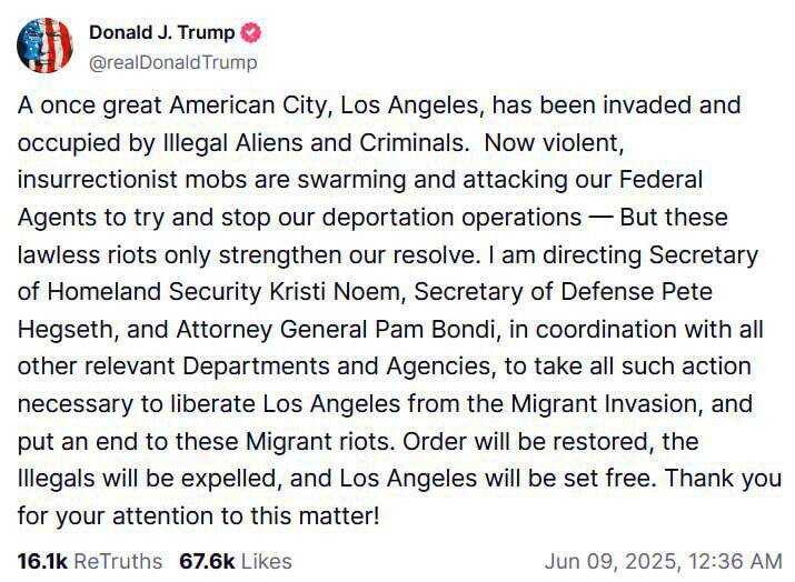 ترامپ: لس آنجلس توسط بیگانگان و جنایتکاران غیرقانونی مورد حمله و اشغال قرار گرفته است!