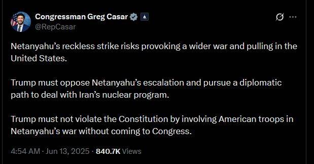 موضع نمایندگان کنگره آمریکا علیه جنگافروزی نتانیاهو و همراهی ترامپ/ اعتراض سیاستمداران آمریکایی: نباید دنبالهرو جنگطلبی نتانیاهو باشیم! +عکس