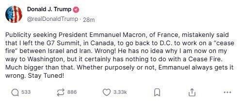 ترامپ: برای چیزی بزرگتر از آتشبس، اجلاس گروه ۷ را ترک کردم